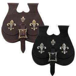 Grote laatmiddeleeuwse nierzak met fleur-de-lys beslag in zwart of bruin