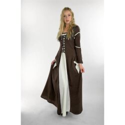 Jurk met trompetmouwen bruin/naturel "Larissa"
