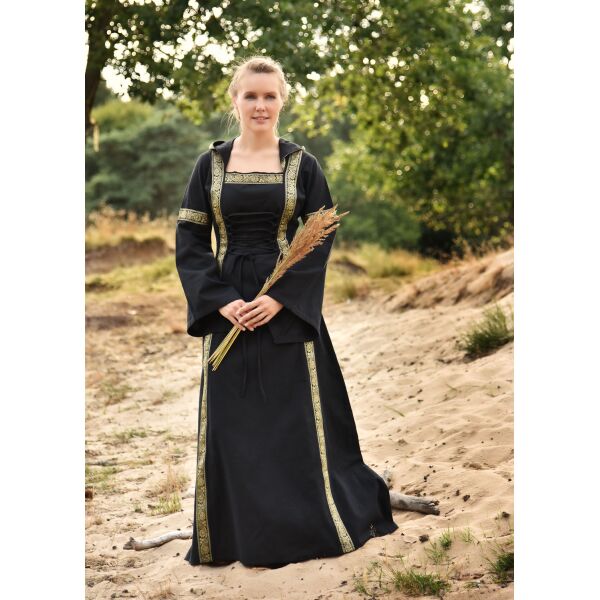 Fantasie middeleeuwse jurk zwart met capuchon "Eleanor