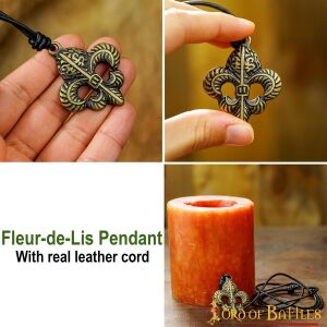 Fleur-de-lis hanger met verstelbaar leren koord Antiek messing