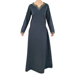 Middeleeuwse jurk met lange mouwen, blauw, met bies “Sigyn” XXL, B-kwaliteit
